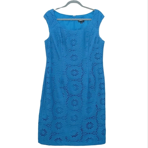Adrianna PAPELL Teal crochet sleeveless business casual fitted summer dress - Picture 1 of 13